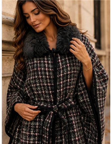 Poncho in tweed a quadri con cintura
