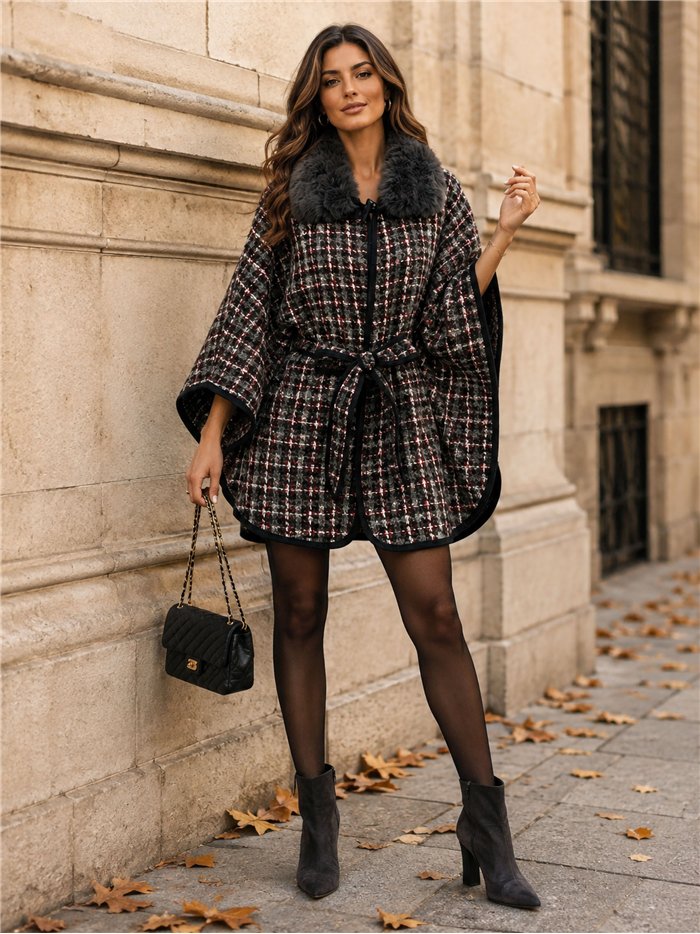 Poncho in tweed a quadri con cintura
