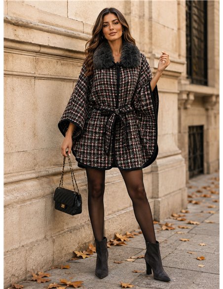 Poncho in tweed a quadri con cintura