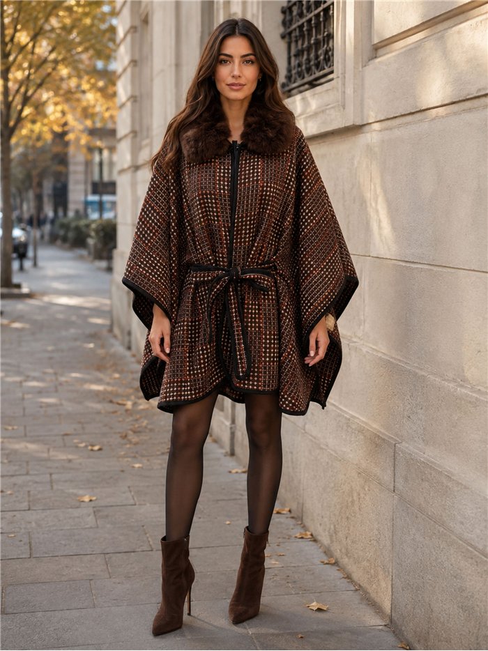 Poncho jacquard con cintura e collo di pelliccia