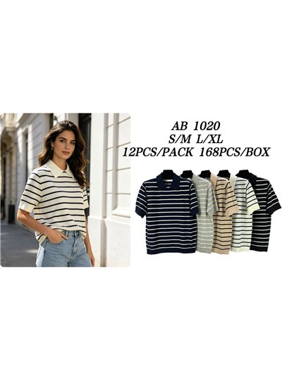 Maglione a collo alto a righe e maniche corte 2