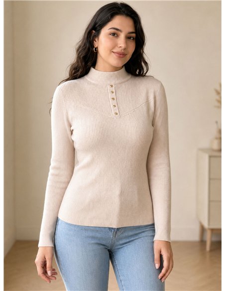 Jersey canalé cuello alto botones