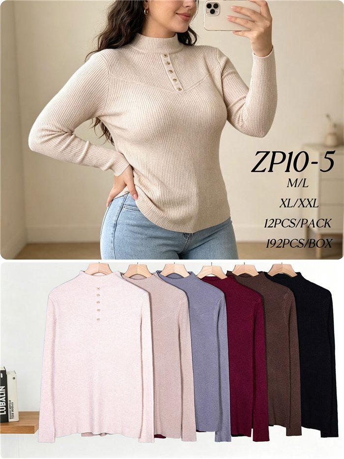 Jersey canalé cuello alto botones