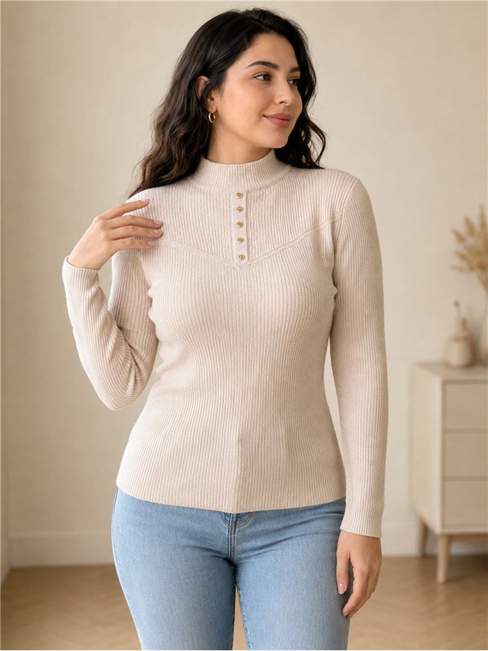 Jersey canalé cuello alto botones