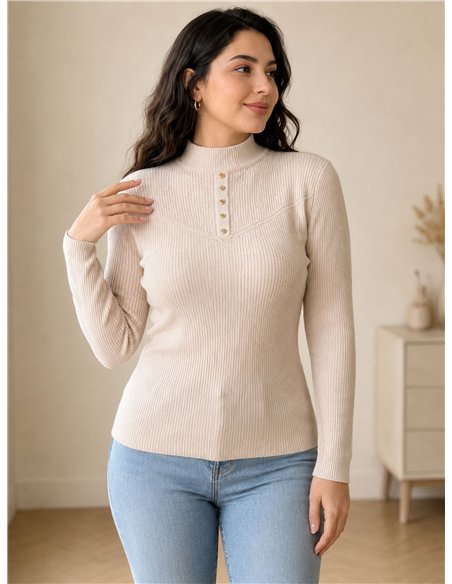 Jersey canalé cuello alto botones