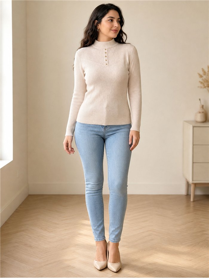 Jersey canalé cuello alto botones