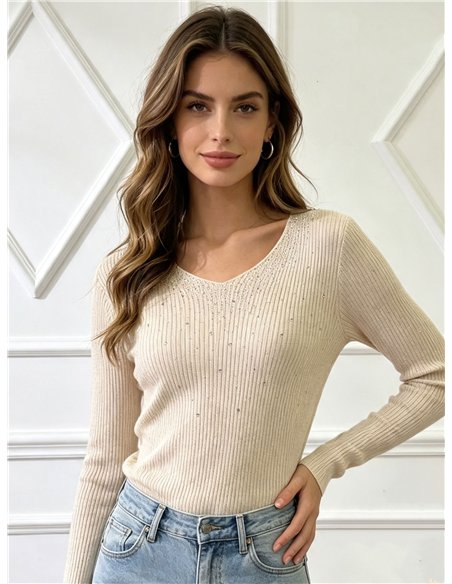 Pull côtelé à col en V orné de strass