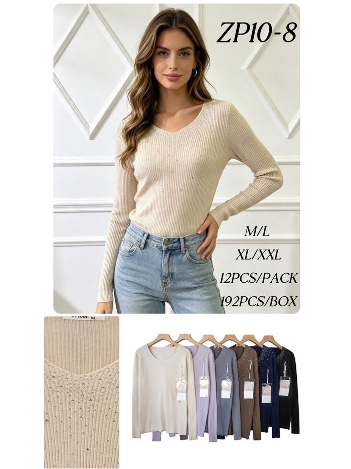 Pull côtelé à col en V orné de strass