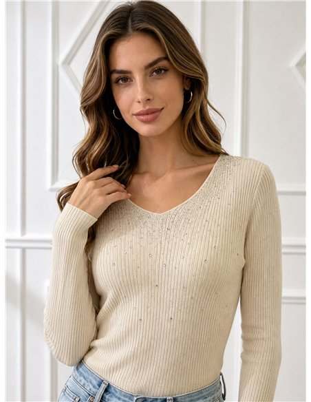 Pull côtelé à col en V orné de strass