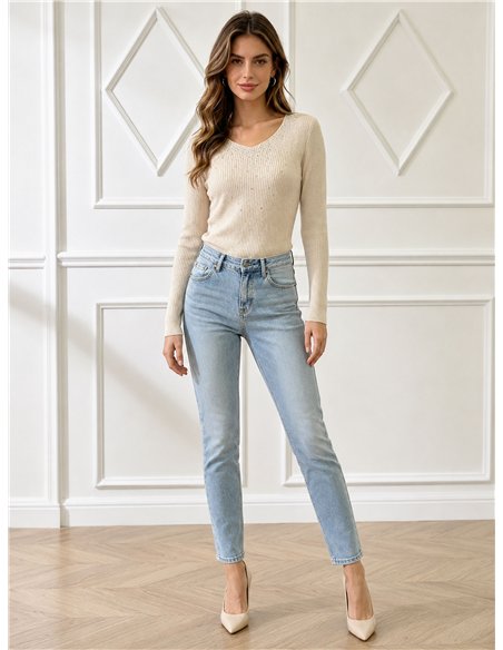 Pull côtelé à col en V orné de strass