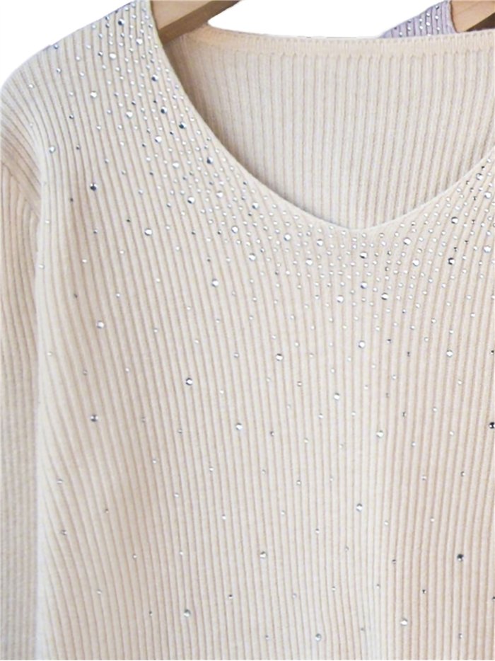 Pull côtelé à col en V orné de strass