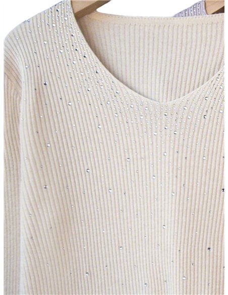 Pull côtelé à col en V orné de strass