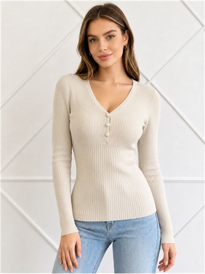 Pull côtelé à col en V et boutons