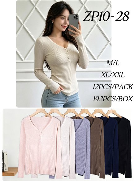 Jersey canalé cuello pico botones