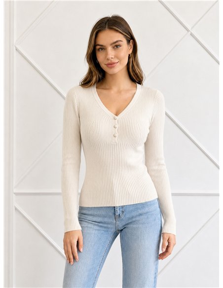 Jersey canalé cuello pico botones