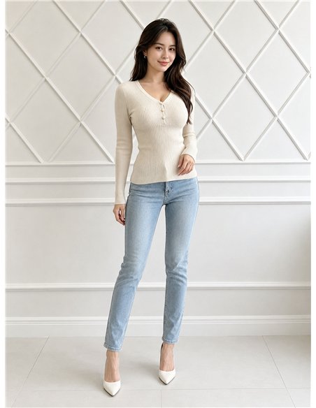 Jersey canalé cuello pico botones