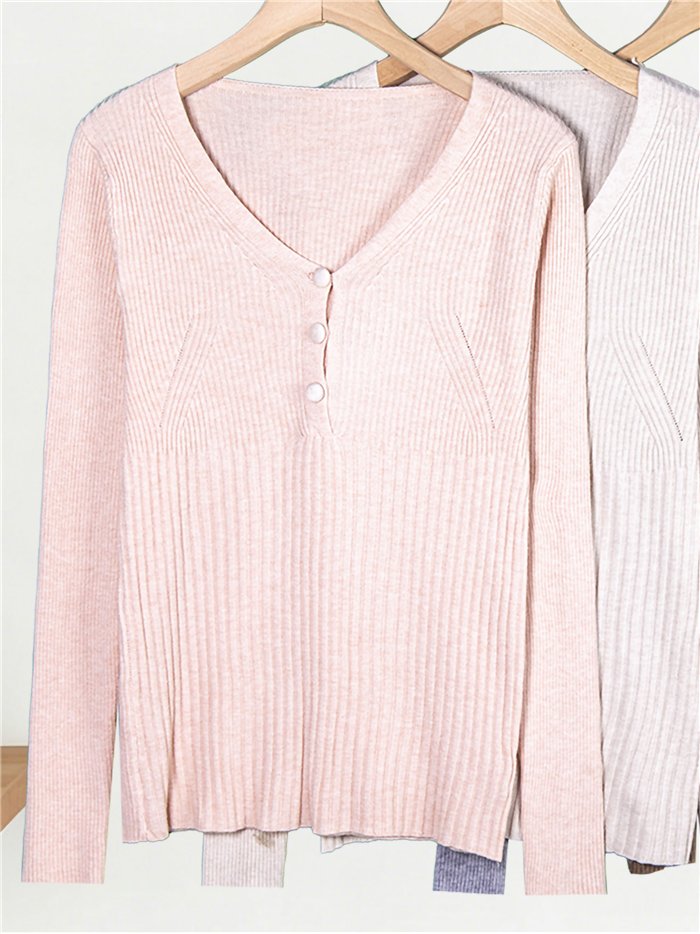 Jersey canalé cuello pico botones