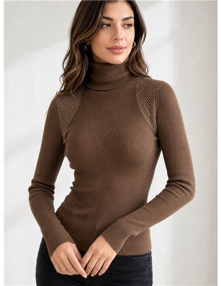 Pull à col roulé avec strass aux épaules