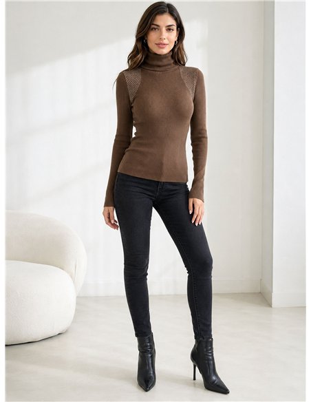 Pull à col roulé avec strass aux épaules
