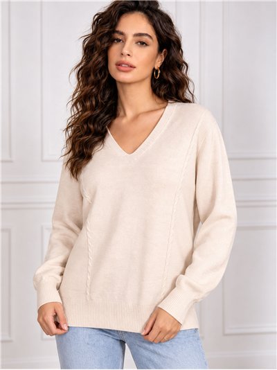 Suéter oversized de tricô com decote em V