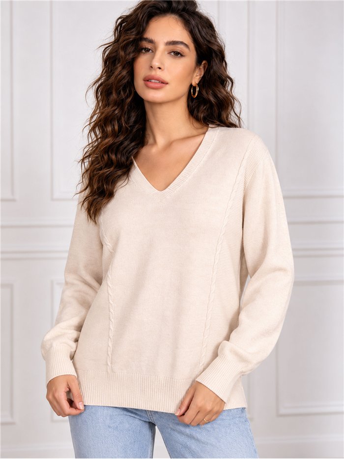Suéter oversized de tricô com decote em V