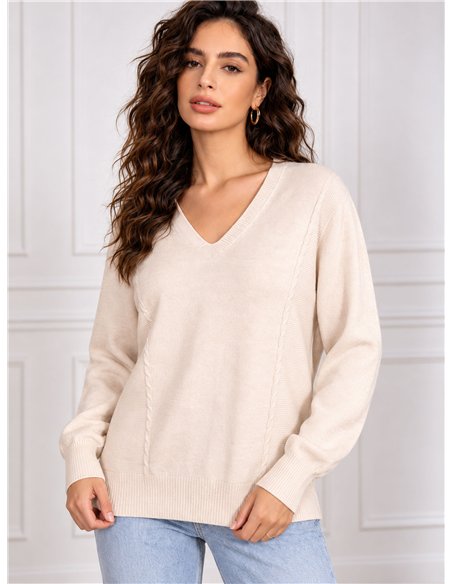 Suéter oversized de tricô com decote em V