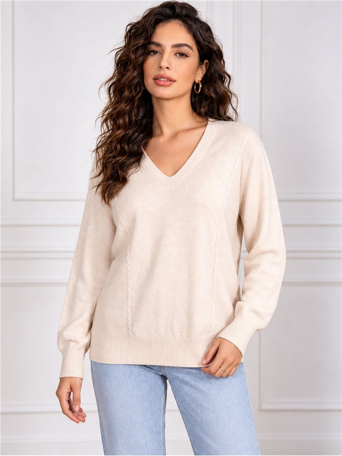 Suéter oversized de tricô com decote em V