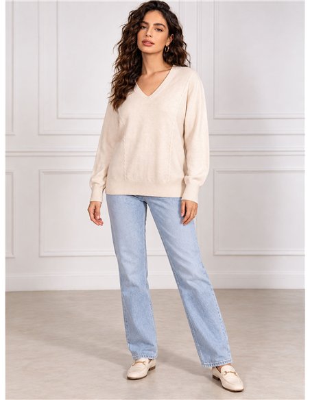 Suéter oversized de tricô com decote em V