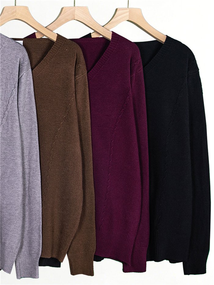 Suéter oversized de tricô com decote em V