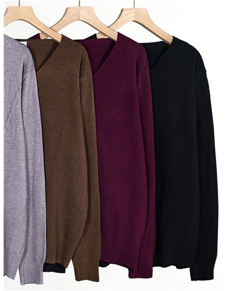 Suéter oversized de tricô com decote em V