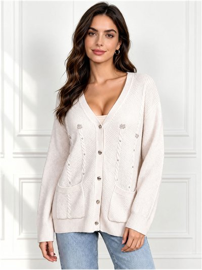 Cable knit cardigan with pearl beads