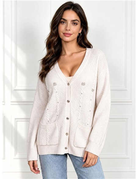 Cable knit cardigan with pearl beads