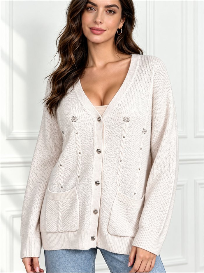 Cable knit cardigan with pearl beads