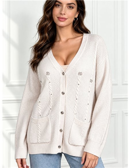 Cable knit cardigan with pearl beads