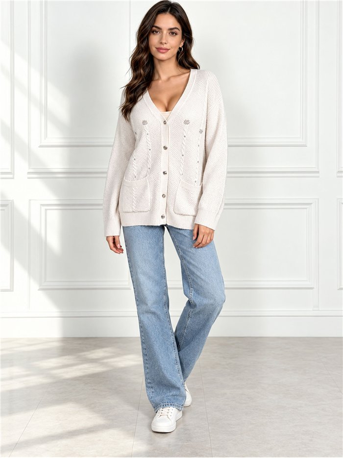 Cable knit cardigan with pearl beads