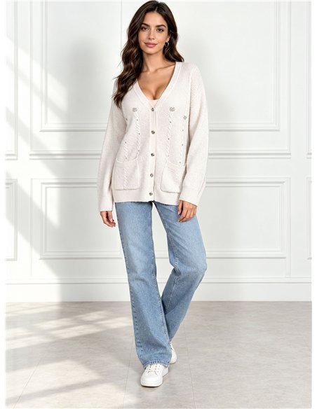 Cable knit cardigan with pearl beads