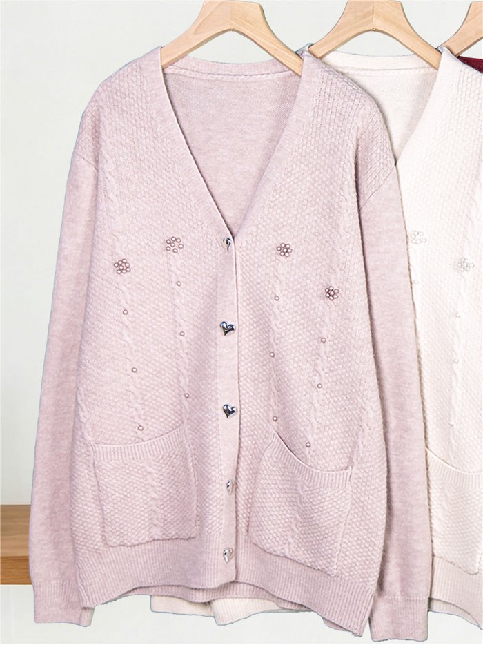 Cable knit cardigan with pearl beads