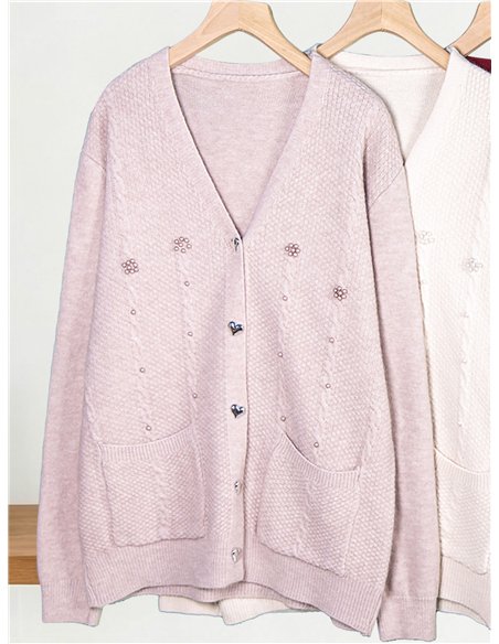 Cable knit cardigan with pearl beads