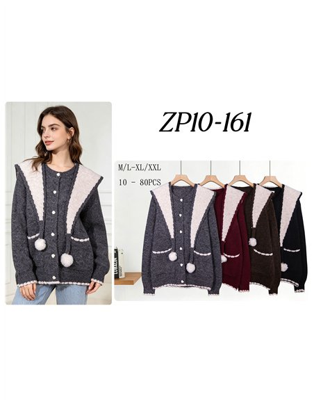 Conjunto cárdigan jaspeado y cuello contraste con pompones