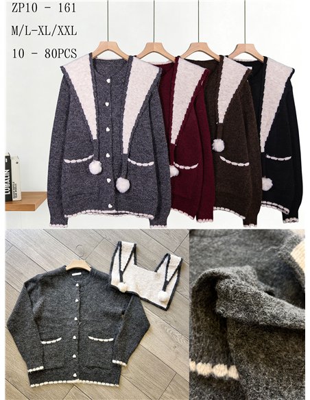 Conjunto cárdigan jaspeado y cuello contraste con pompones