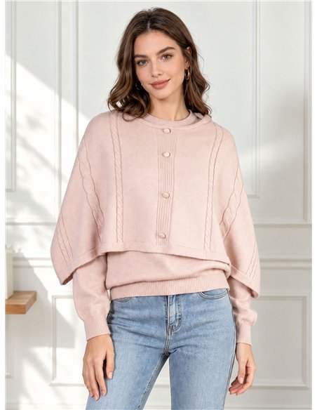 Conjunto jersey cuello redondo y capa trenzado con botones