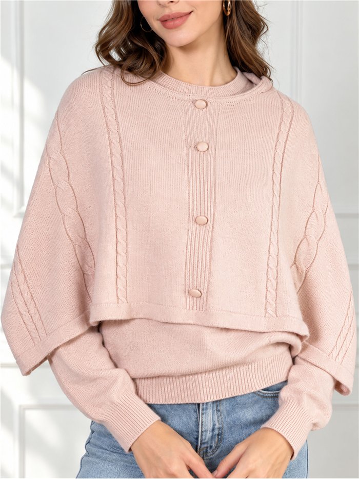 Conjunto jersey cuello redondo y capa trenzado con botones