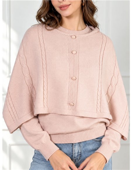 Conjunto jersey cuello redondo y capa trenzado con botones