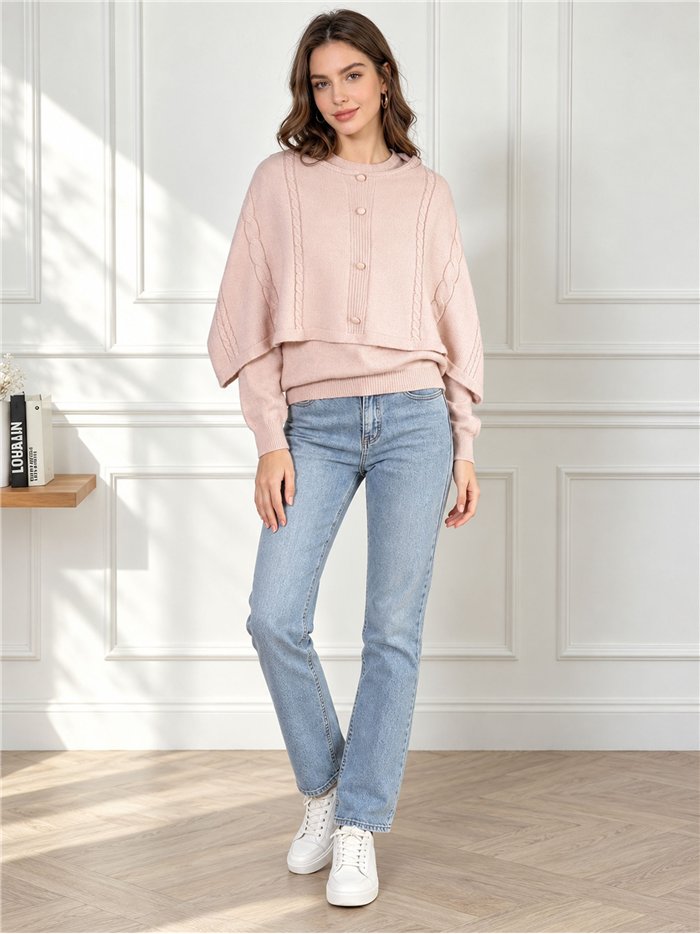 Conjunto jersey cuello redondo y capa trenzado con botones