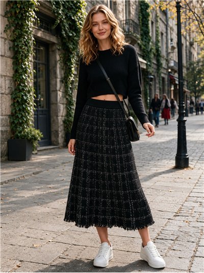 Checked tweed frayed edge midi knit skirt