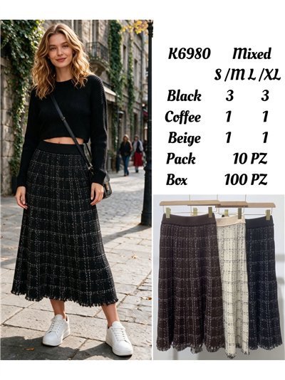 Checked tweed frayed edge midi knit skirt 2