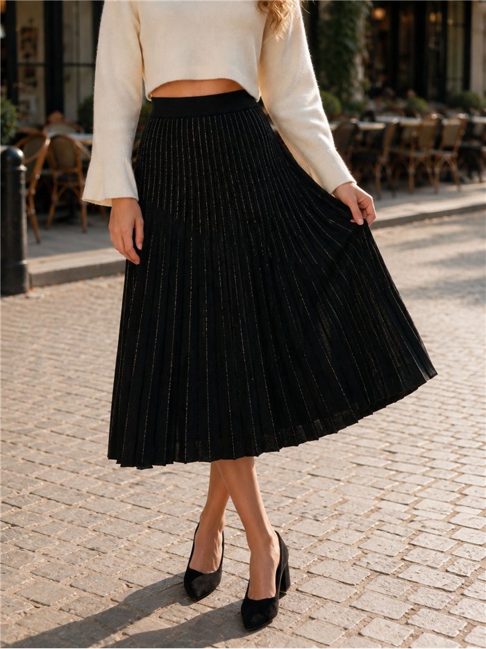 Falda midi plisada de punto con brillo