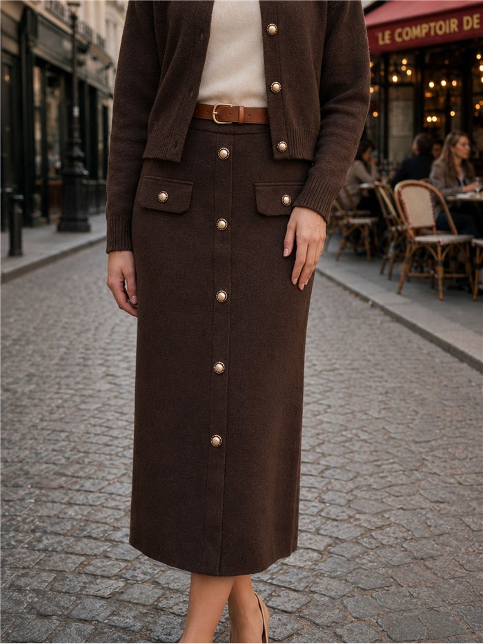 Falda midi de punto con botones