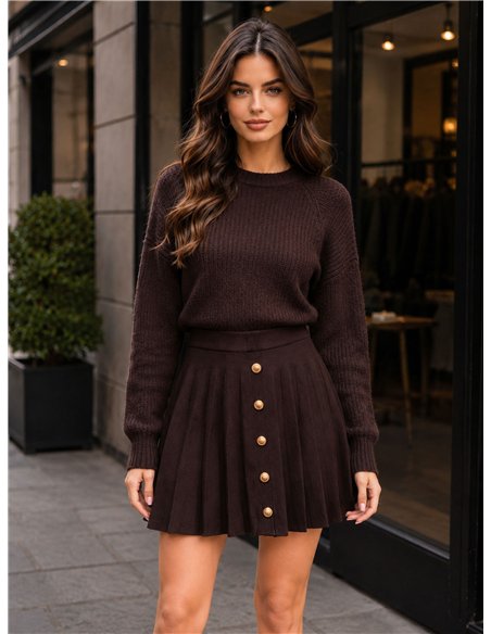Gold-button pleated mini knit skirt