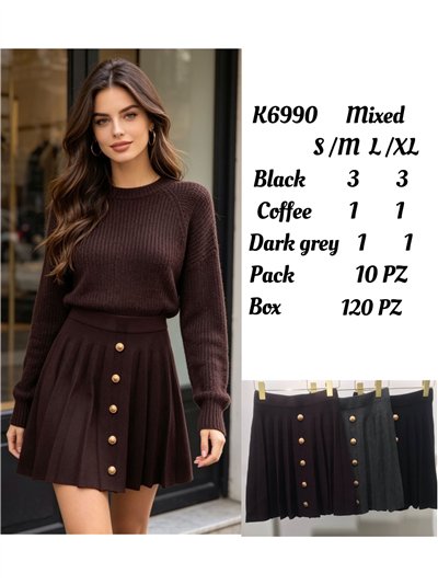 Gold-button pleated mini knit skirt 2